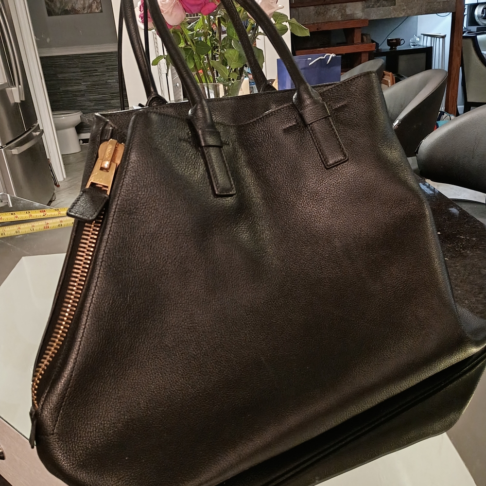Tom Ford Black Leather Tote with Gold Zipper Accents